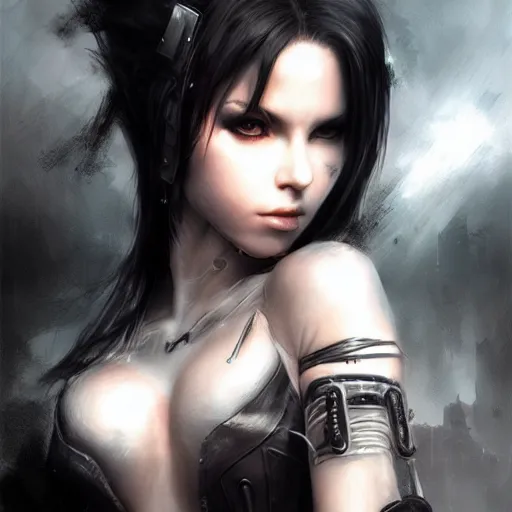 Image similar to kerli koiv, tifa lockhart, darkwave, darksynth character portrait, sharp, digital matte painting, art by luis royo, greg rutkowski, wlop, dramatic lighting, trending on artstation