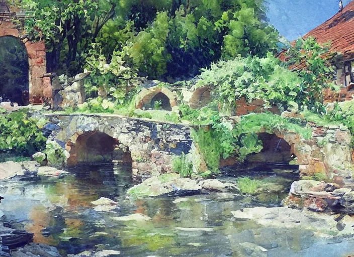 Image similar to watercolor of rustic stone bridge with mural, ivy, summer daylight, bright clear day, clouds, high detailed art by dennis miller bunker, work by anders zorn, wonderful masterpiece by greg rutkowski, beautiful cinematic light, american romanticism by greg manchess, creation by tyler edlin