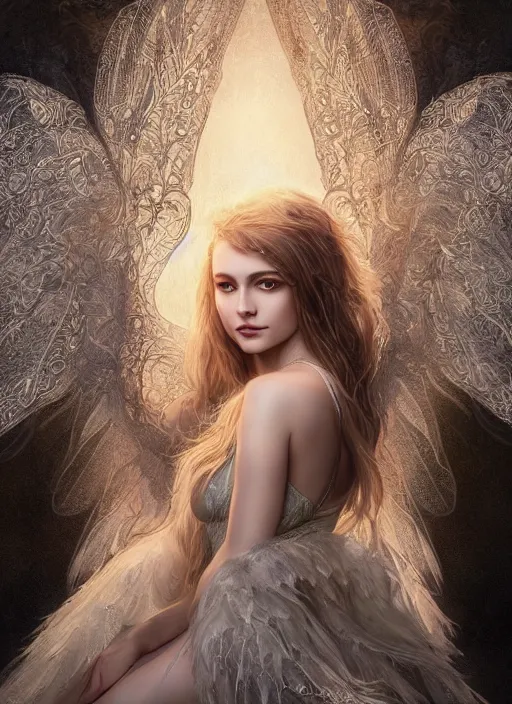 Image similar to full body portrait of a beautiful fairy women with wings of lace, by artgerm, sunny day, highly detailed, perfect lighting, perfect composition, symmetry, detailed features, 4 k, by alan lee, by derek zabrocki, by greg rutkowski