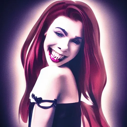 Prompt: head and shoulder shot of a female vampire walking home at night, inspired by disney, hard lighting, professional studio, smile, vibrant colors, fashion