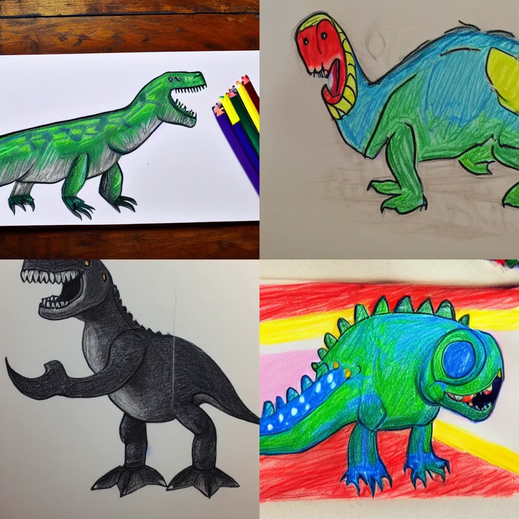 Prompt: Childs Crayon Drawing Of A Low Detailed Dinosaur, 4K