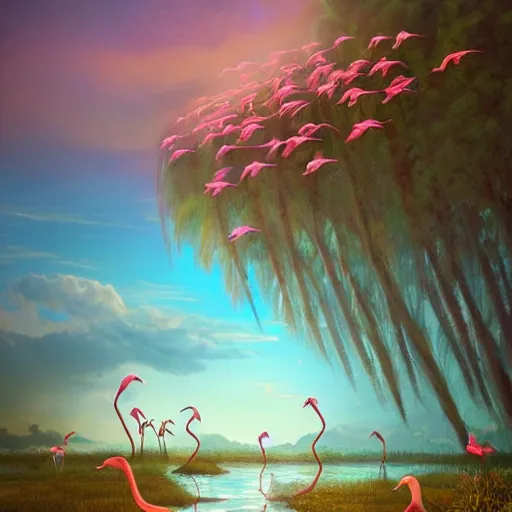 Prompt: a flock of flamingoes in a natural landscape framed by flames, made by stanley artgerm lau, wlop, rossdraws, artstation, cgsociety, concept art, cgsociety, octane render, trending on artstation, artstationhd, artstationhq, unreal engine, 4 k, 8 k,