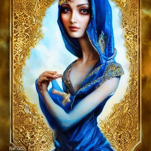 Image similar to a beautiful arabian woman wearing a wedding dress by karol bak, ayami kojima, artgerm, arabian beauty, blue eyes, smile, concept art, fantasy