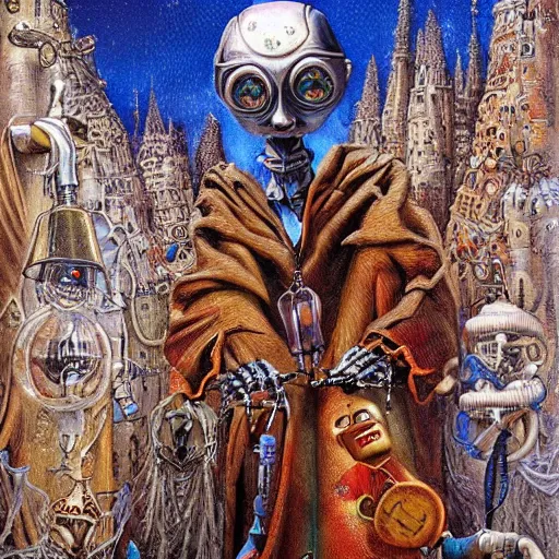 Image similar to a robed wizard, puppeteering a toy robot, in the style of michael cheval, surreal, highly detailed, super intricate, whimsical and surreal. wizard and robot puppet