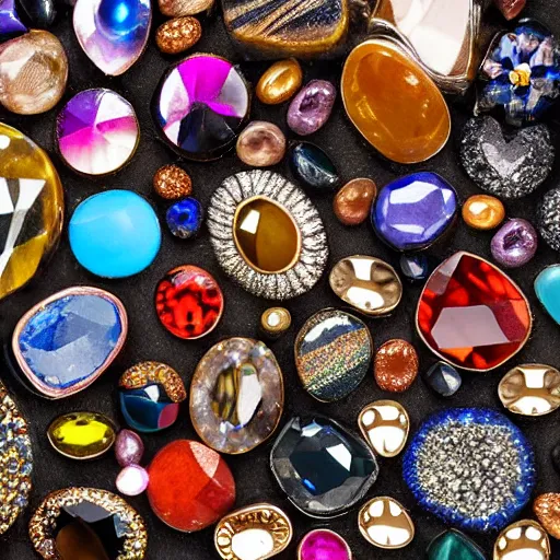 Image similar to roughly circular precious stones of different colours and materials laid out in a regular pattern