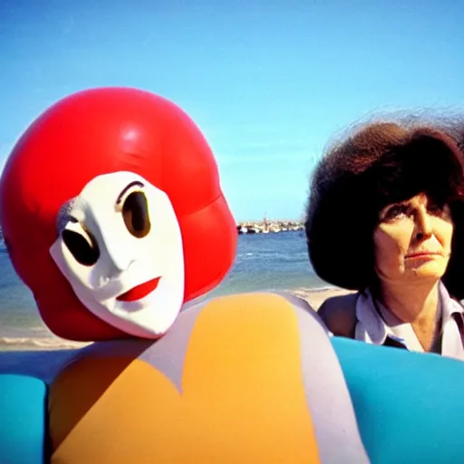 Image similar to 1976 middle aged woman wearing a transluscent inflatable toy head at the seaside 1976 French film archival footage technicolor film expired film 16mm Fellini new wave John Waters