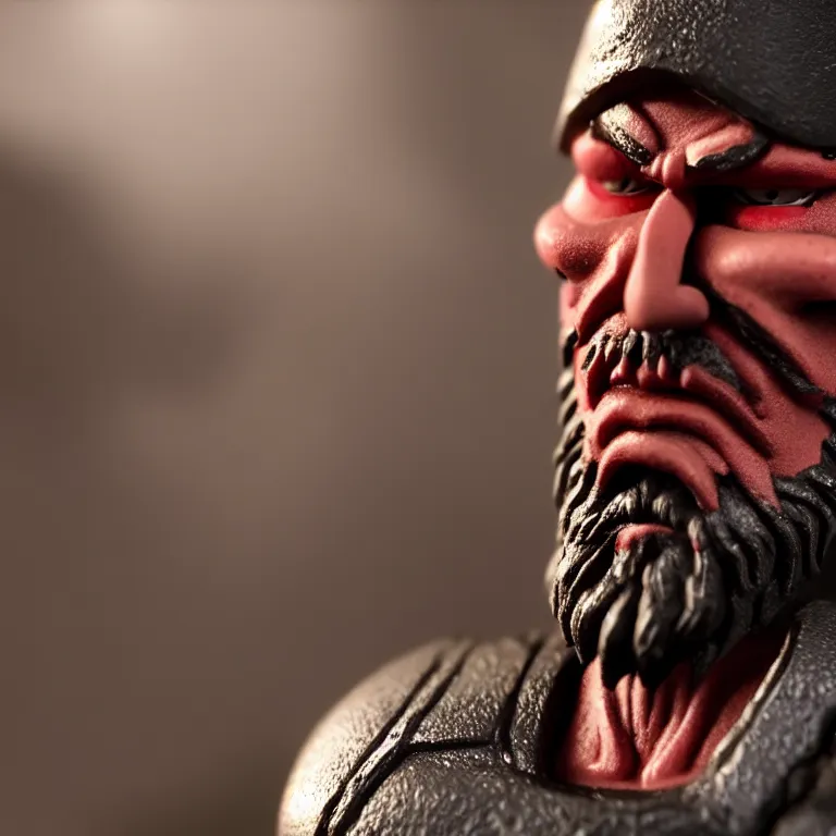 Image similar to a cinematic film still of a claymation stop motion film starring marcus fenix, shallow depth of field, 8 0 mm, f 1. 8