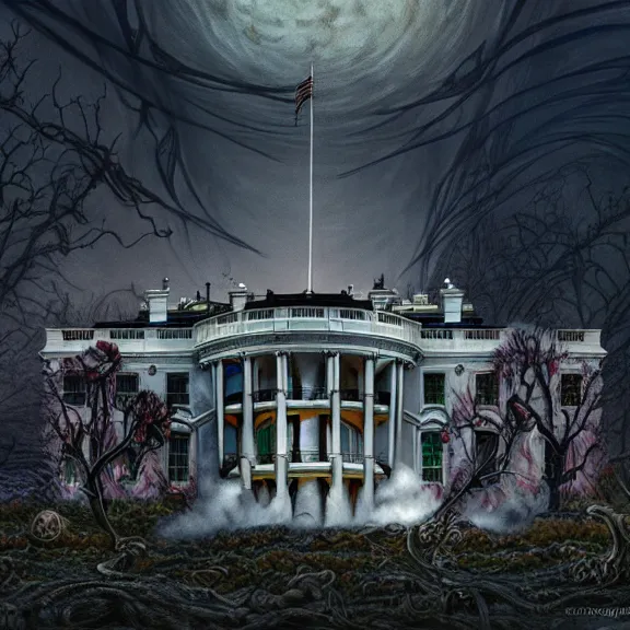 Image similar to the white house, apocalyptic, gerald brom, hyper detailed, 8 k, fantasy, dark, grim