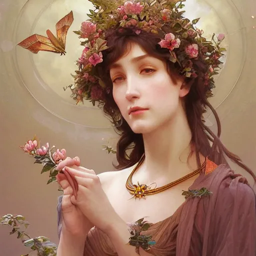 Prompt: portrait of spring goddess, intricate, elegant, highly detailed, digital painting, artstation, concept art, smooth, sharp focus, illustration, art by artgerm and greg rutkowski and stephanie law and alphonse mucha and william - adolphe bouguereau
