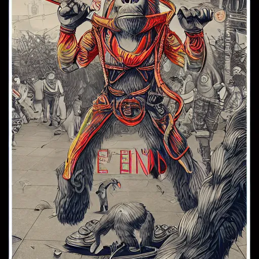Image similar to an ape holding a sign that says the end is near, an ultrafine detailed illustration by james jean, intricate linework, bright colors, final fantasy, behance contest winner, vanitas, angular, altermodern, unreal engine 5 highly rendered, global illumination, radiant light, detailed and intricate environment
