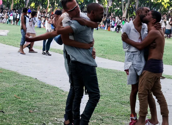 Image similar to ryan gosling kissing kanye west in luneta park, philippines, real life photograph, award winning photograph, 4 k