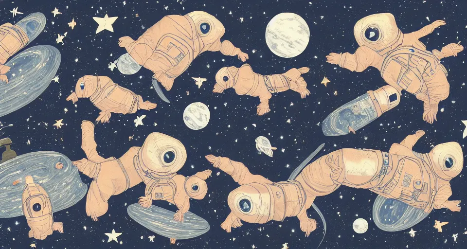 Image similar to back view of many baby guineapigs on the cover of vogue magazine flying in space suits, deep dark universe, twinkling and spiral nubela, warmhole, beautiful stars, 4 k, 8 k, by hokusai, samurai man vagabond, detailed, editorial illustration, matte print, concept art, ink style, sketch, digital 2 d