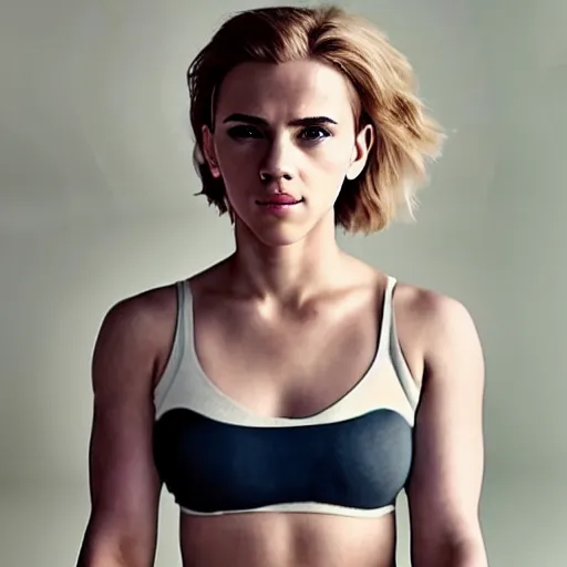 Image similar to a woman who is a genetic combination of scarlett johansson and emma watson face and upper - body focus