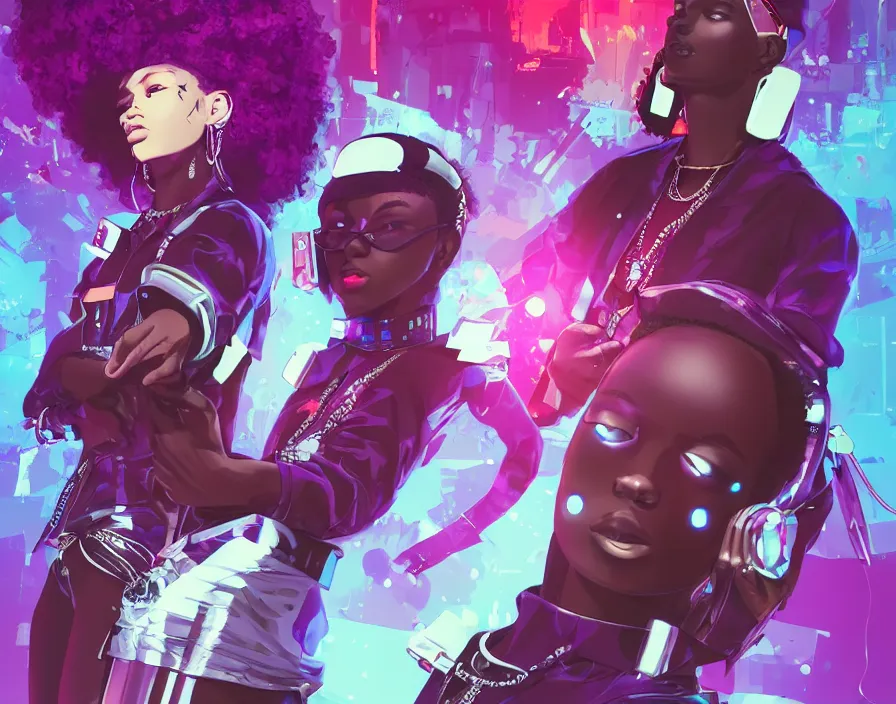 Prompt: afro - futuristic hip hop rappers, urban swagger, fashion and bling, hacking the multiverse of music and entertainment | hyperrealistic digital art | by makoto shinkai, ilya kuvshinov, lois van baarle, ross draws | afro - futurism, in the style of hair love, 4 k, trending on artstation | dark color scheme