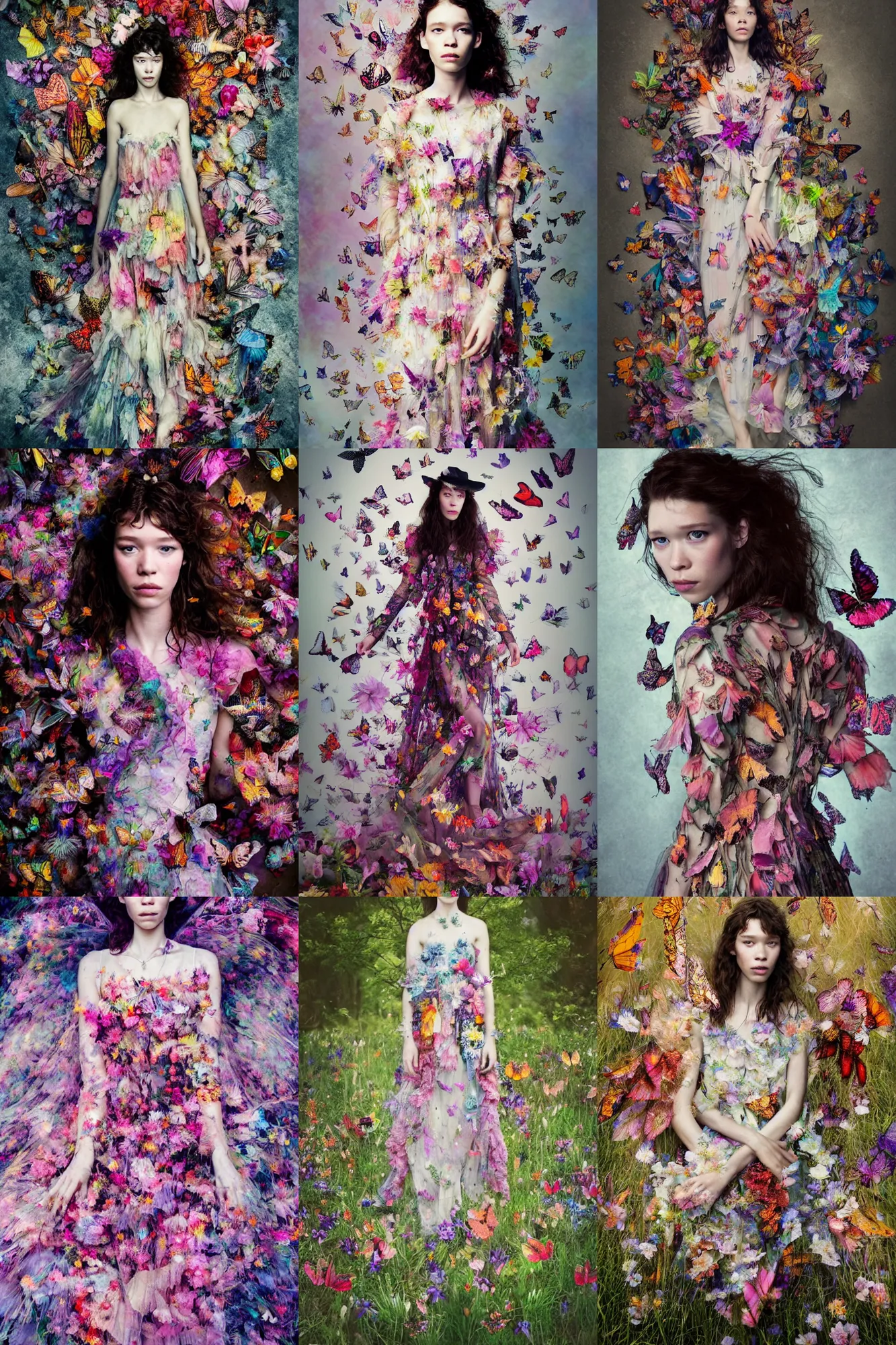 Prompt: masterwork full body portrait photography of astrid berges frisbey. wearing a dress made out of flowers and butterflies. she is fading into the space. fluid, dreamy, ethereal, vivid colours. sharp focus. highly detailed face. wow! digital photography. lightroom. cinematic lighting.