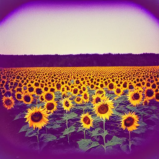 Image similar to glitched polaroid of a field of sunflowers, saturated, expired film stock