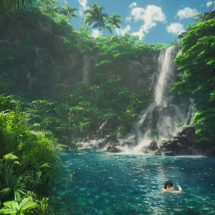 Image similar to an epic makoto shinkai and renoir landscape with a hawaiian waterfall, 🌺, a beautiful woman, ultra smooth, octane render