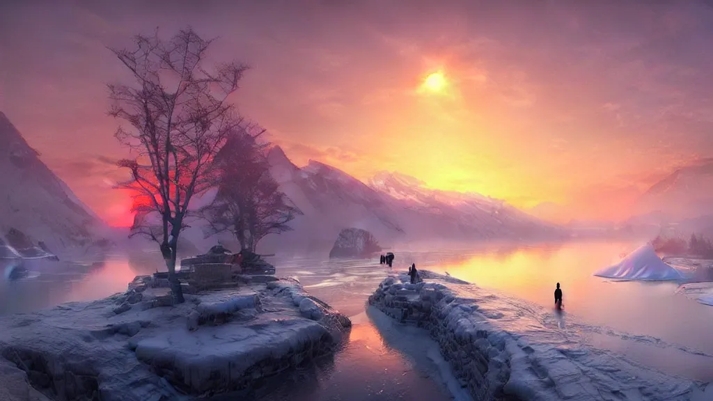 Prompt: frozen lake and sunset in china ， greg rutkowski and thomas kinkade, trending on artstation