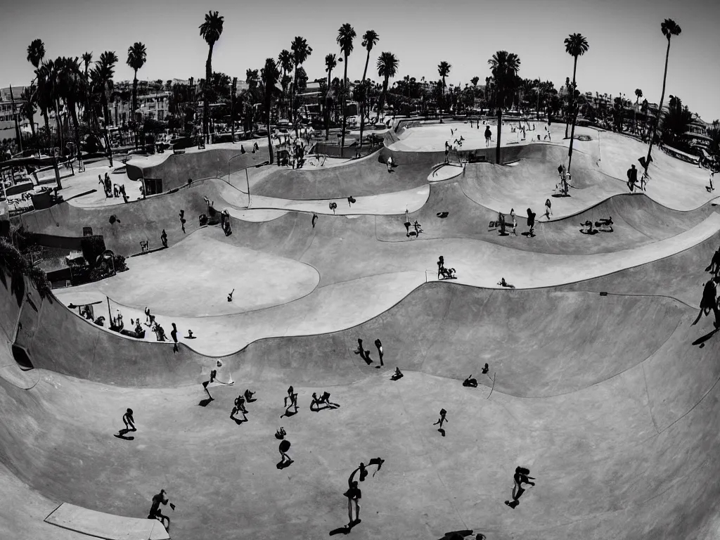 Image similar to “A black and white fisheye photo of Venice beach skate park”