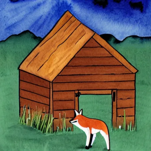 Image similar to a fox in a hen house, watercolor illustration,