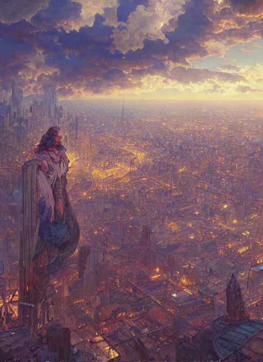 Prompt: birds eye view on a city full of people, huge twisted old man in the clouds in the center highly detailed, digital painting, artstation, concept art, cinematic lighting, sharp focus, illustration, by gaston bussiere alphonse mucha