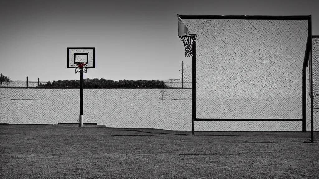 Image similar to photograph of an isolated basketball backboard and rim on a dirt court in a scenic location, in the styles of cameron look, andrew bernstein, and ansel adams. intricate, hyperrealistic, monochrome hdr, accurate court