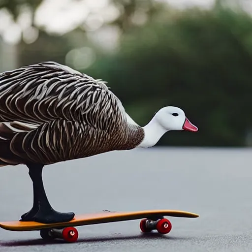 Prompt: a goose wearing sunglasses riding a skateboard