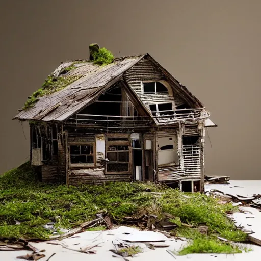 Prompt: a scale model of an abandoned house overtaken by nature sitting on a table inside of the same house