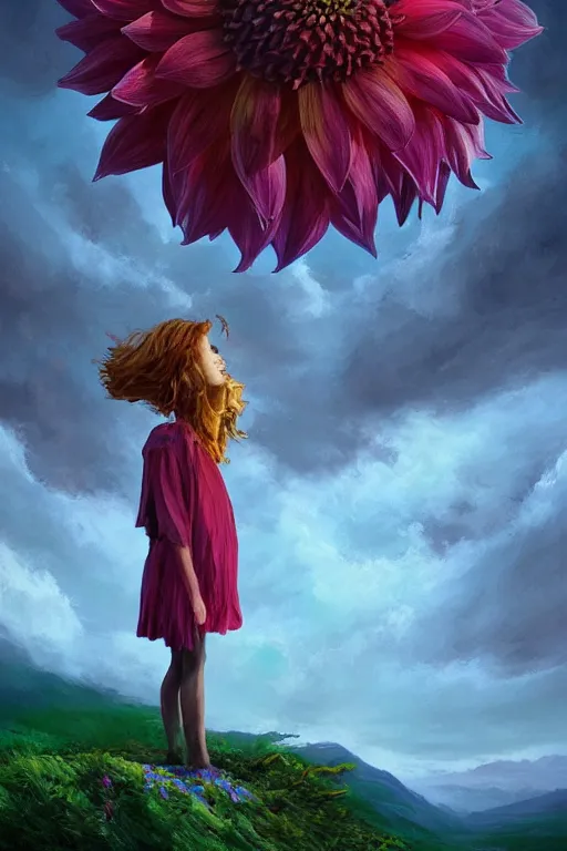 Image similar to closeup giant dahlia flower as the head, girl standing on mountain, surreal photography, blue storm clouds, dramatic light, impressionist painting, digital painting, artstation, simon stalenhag