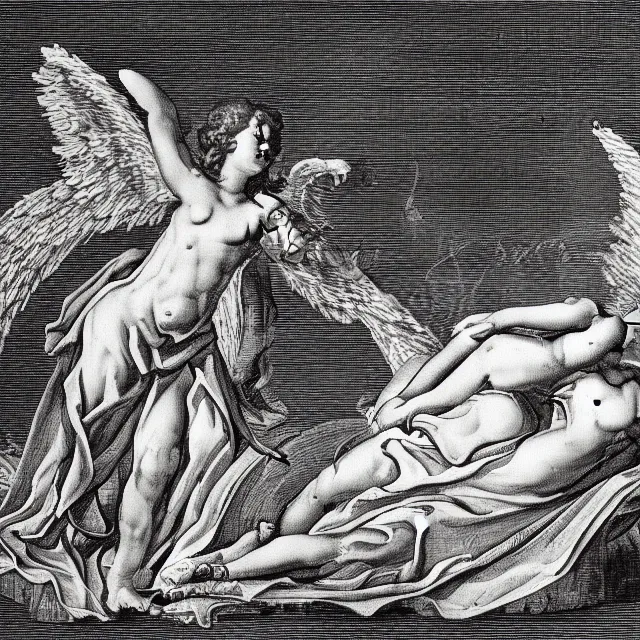 Image similar to autopsy dissection of an angel, 18th century illustration, black and white, concept art