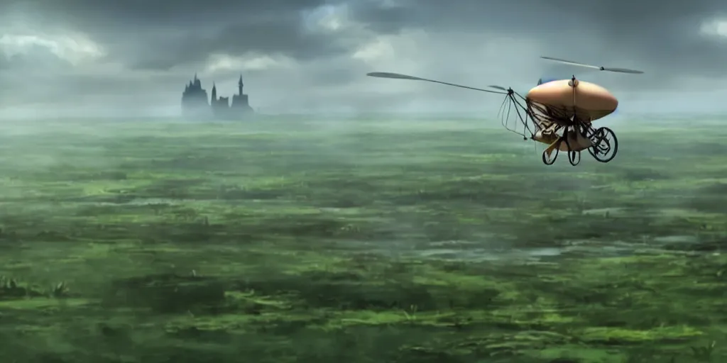 Image similar to a cell - shaded cartoon movie still from howl's moving castle ( 2 0 0 4 ) of a beautiful young woman flying a gyrocopter in a flooded rainforest valley. stonehenge is seen in the background with shafts of sunlight from above. wide shot, very dull muted colors, hd, 4 k, hq