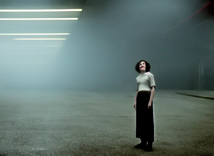 Prompt: cinematic screenshot high wide angle shot of olivia coleman standing outside in a foggy desolate eerie department store empty parking lot, one car, paranoia everywhere, scene from the tense thriller film directed by spike jonze, volumetric hazy lighting, anamorphic lens, moody cinematography, 3 5 mm kodak color ektochrome