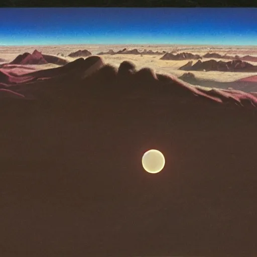 Image similar to dark solar eclipse, above rocky mountains, highly detailed, studio 4 k quality, by chesley bonestell