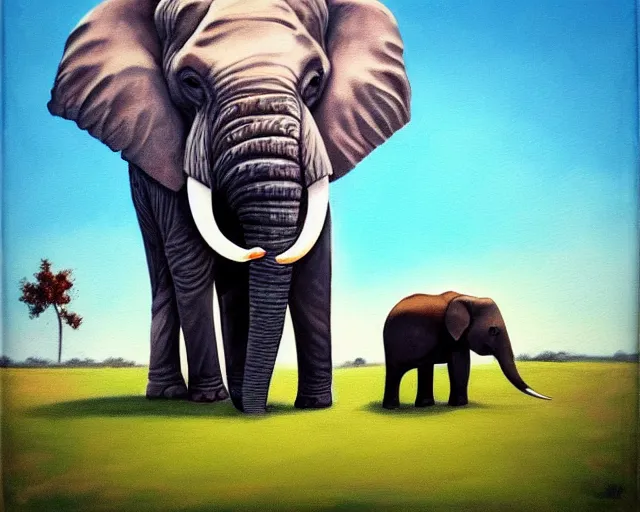 Image similar to photo of an an elephant painting a picture with its trunk holding a paintbrush while standing outside in a park on a sunny day, octane, shot on an iphone,