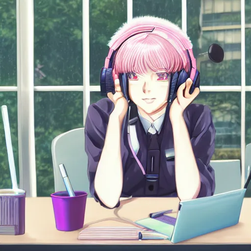 Image similar to high definition anime portrait of an anime girl with pastel colored hair sitting at a desk studying with headphones on, background is a window looking out into a busy Tokyo district, lo-fi art, masterpiece by Hirohiko Araki, trending on artstation, sharp high quality anime, digital art, photoshop, proportionate, ambient lighting, clear facial festures