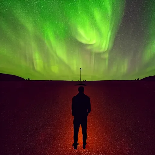 Image similar to 4K Epic Ultra HD detailed award-winning wallpaper silhouette of lonely man holding a bright flashlight looking at huge vast sky universe Milky Way aurora
