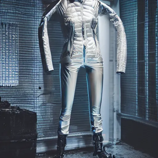 Image similar to a intricate, beautiful mannequin designed by hans boodt, ash thorp, wearing a futuristic cyberpunk garment, puffy jacket, shiny trousers, cinematic lighting, fashion photography