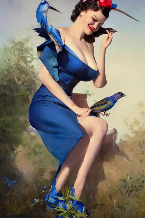 Image similar to hyper realistic painting, tasteful pinup girl holding an indigo bunting, bird, the bird is wearing a bowtie, by greg rutkowski, rossdraws, gil elvgren, enoch bolles, anime, porcelain skin, very coherent