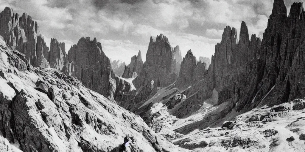 Image similar to 1920s photography of the king god of the dolomites, occult signs, witch burning, pyre, solstice fire, alp, dolomites, alpine, detailed intricate insanely detailed octane render, 8k artistic 1920s photography, photorealistic, black and white, chiaroscuro, hd, by David Cronenberg, Raphael, Caravaggio