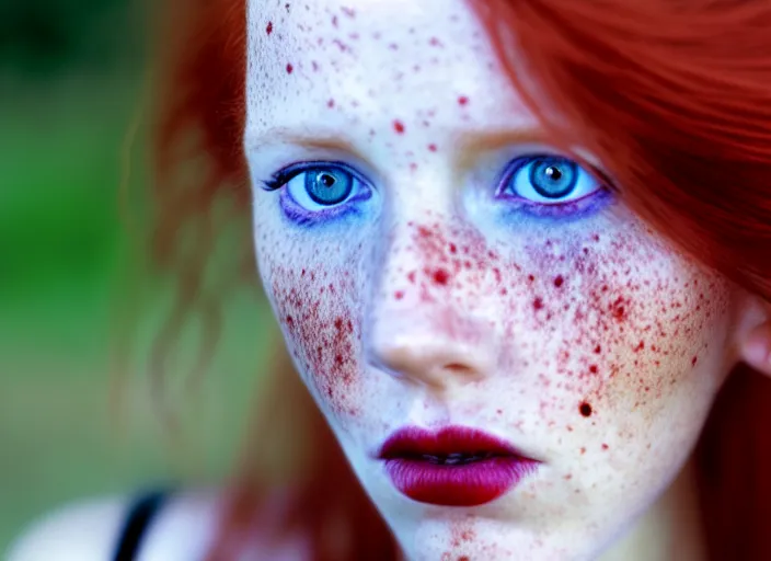 Image similar to award winning 8 5 mm close up face portrait photo of a redhead with deep red hair, freckles and blue eyes in a park by luis royo.