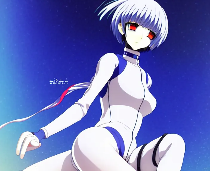 Image similar to anime art, fullbody shot of female rei ayanami, evangelion, long blue hair and large eyes, finely detailed perfect face, in a pale skintight plugsuit, sitting on rooftop, flooded city, trending on pixiv fanbox, by ilya kuvshinov, sola digital arts,, raytracing