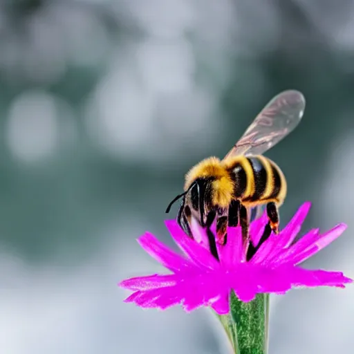 Image similar to a bee finding a beautiful flower, entrapped in ice, only snow in the background, beautiful macro photography, ambient light