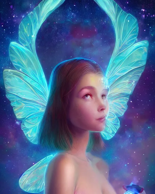 Prompt: a detailed image of an attractive!!!! girl with psychedelic! fairy wings sitting under the night sky and holding!! a crystal!! containing all of reality and galaxies, by greg rutkowski artgerm ross tran ilya kuvshinov. 7 0 mm, volumetric lighting, digital art, subtle and detailed