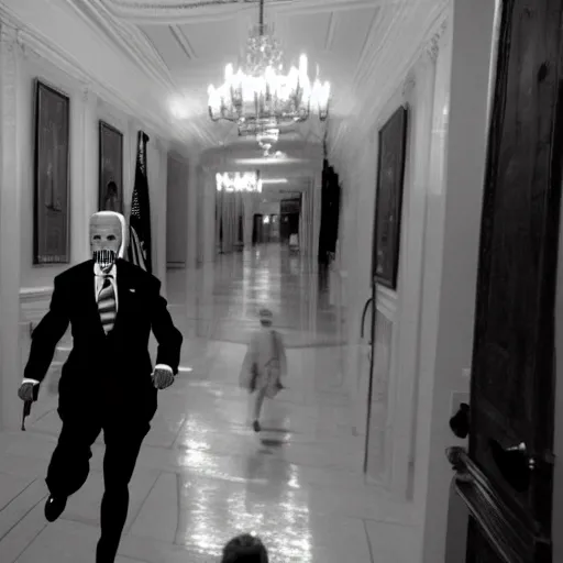 Image similar to detailed Joe Biden running away through the halls of the White House, zombies following him in the background