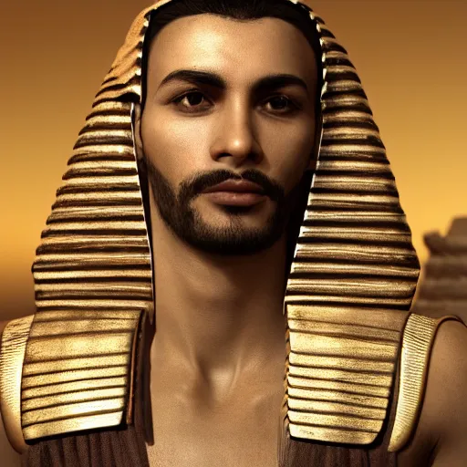 Image similar to a man in egyptian clothing wearing rings and jewlery on his neck, 8k resolution, serene, photorealistic, digital art, hyperdetailed, Unreal Engine, dynamic lighting, ultra detailed, trending on art station, concept art, stunning visuals, extreme detail