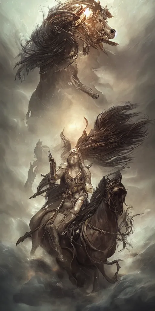 Image similar to Portraits based on the four horsemen of the apocalypse, intricate, elegant, fantasy, highly detailed, digital painting, sharp focus, illustration, beautiful volumetric lighting, epic light, trending on Artstation.