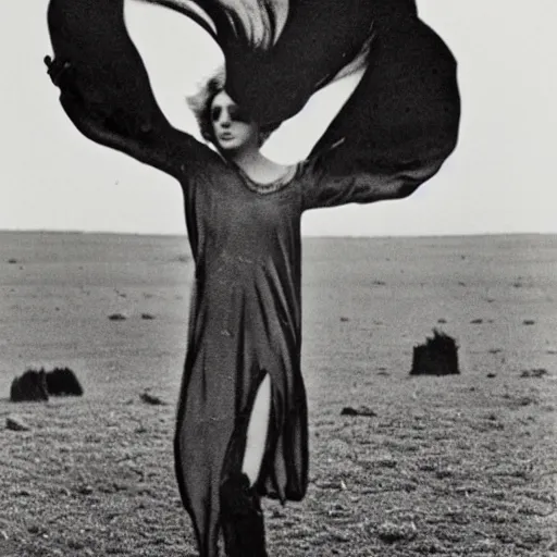 Image similar to art deco by hein gorny turbulent. a body art of a woman standing in a field of ashes, her dress billowing in the wind. her hair is wild & her eyes are closed, in a trance - like state. dark & atmospheric, ashes seem to be alive, swirling around.