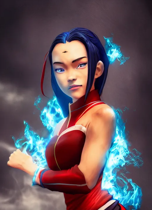Image similar to azula from avatar the last airbender posing, blue flames, firebending, dark atmosphere, cinematic shot, intricate, ornate, photorealistic, ultra detailed, realistic, 1 0 0 mm, photography, octane, high definition, depth of field, realism, 8 k, artstation