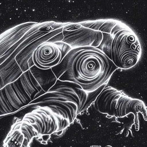 Prompt: the alien cosmic transcendent tardigrade that awaits you at the end of all of space and time. by les edwards and ansel adams