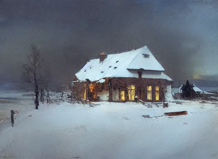 Image similar to oil painting of swedish house in snow landscape, by anders zorn, by greg rutkowski